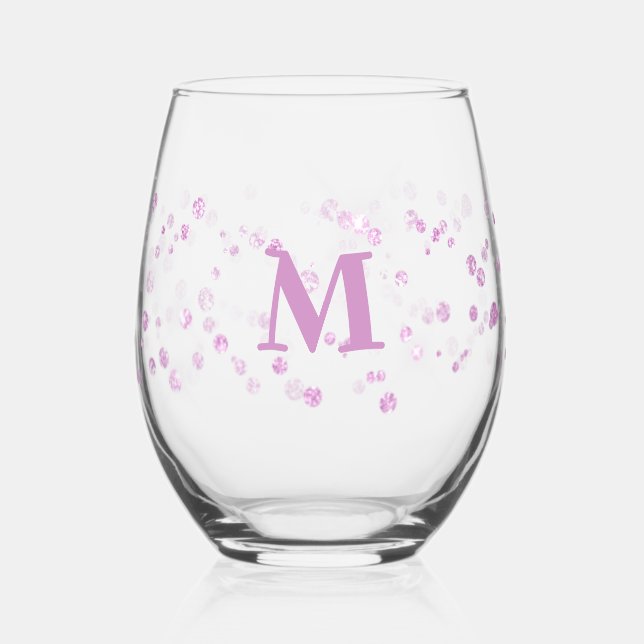 simulated glitter sparkle monogram stemless wine glass (Front)