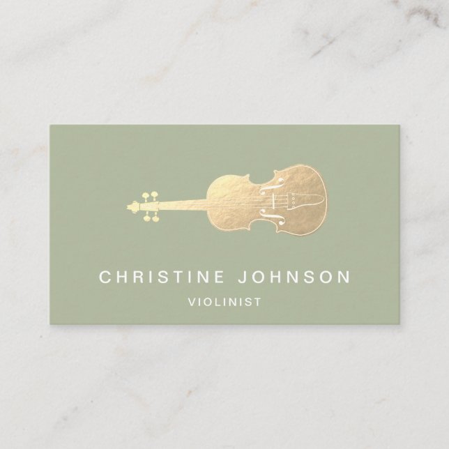 simulated gold foil violin on sage green business  card (Front)