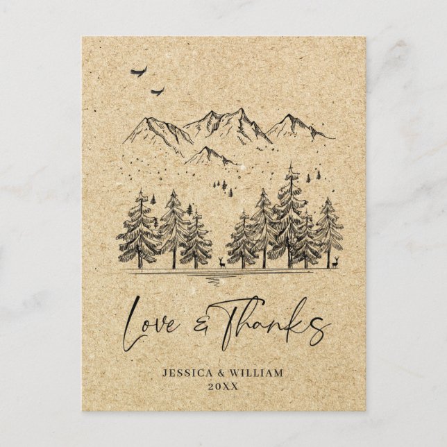 Simulated Kraft Paper Forest Mountains Thank You Postcard (Front)