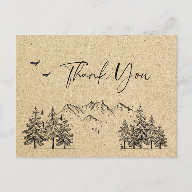 Simulated Kraft Paper Forest Mountains Thank You Postcard (Front)
