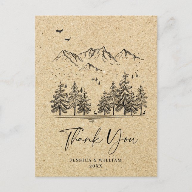 Simulated Kraft Paper Forest Mountains Thank You Postcard (Front)