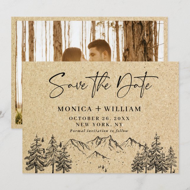 Simulated Kraft Paper Hand Drawn Mountain Wedding Save The Date (Front/Back)