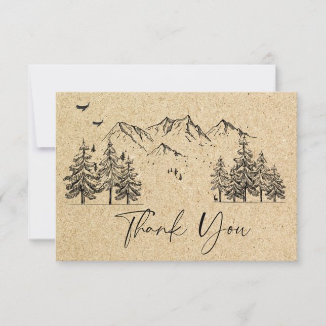 Simulated Kraft Paper Hand Drawn Mountains Wedding Thank You Card (Front)