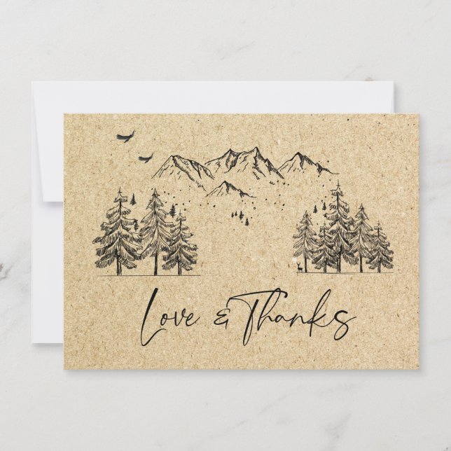 Simulated Kraft Paper Hand Drawn Mountains Wedding Thank You Card (Front)