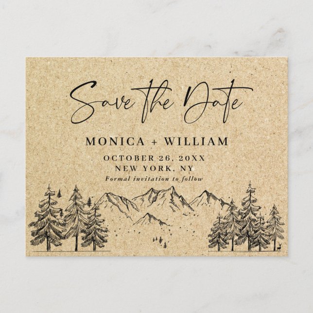 Simulated Kraft Paper Wedding Save the Date Postcard (Front)