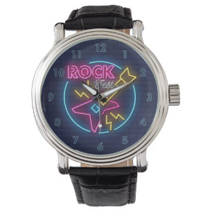 Simulated Rock Fest Neon Sign Against Brick Wall Watch