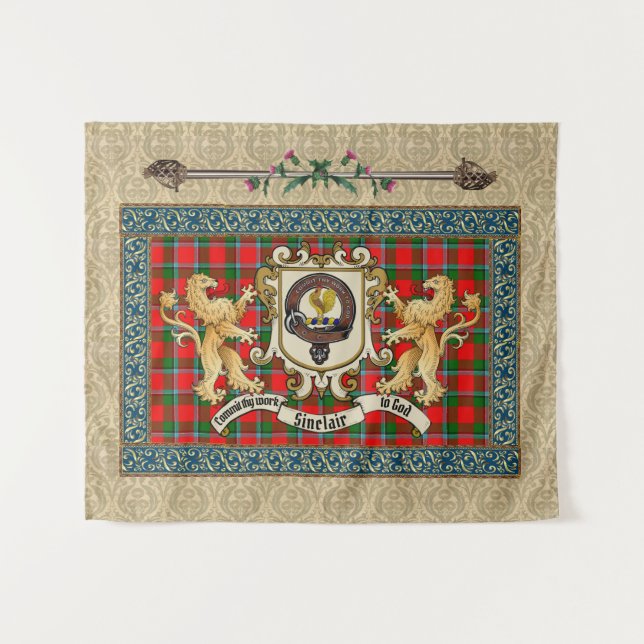 Sinclair Clan Badge & Tartan w/Lions  Tapestry (Front (Horizontal))