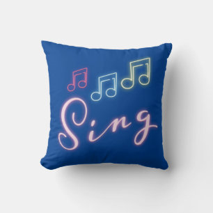 Sing Neon Music Notes on Blue Throw Pillow