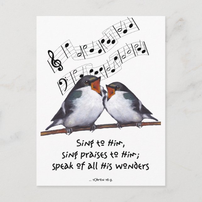 Sing Praise To God: Two Birds, Music Notes, Art Postcard (Front)