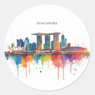 Singapore city retro watercolor Skyline Classic Round Sticker