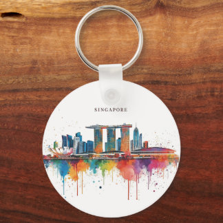 Singapore city retro watercolor Skyline Keychain