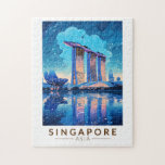 Singapore Marina Bay Night Travel Art Vintage Jigsaw Puzzle<br><div class="desc">Singapore retro vector travel design. Marina Bay is an upscale area of skyscrapers,  posh hotels and luxury malls. It's known for the towering Singapore Flyer Ferris wheel and the flower conservatories and colourful Supertrees of Gardens by the Bay.</div>