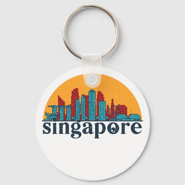 Singapore Retro City Skyline Cityscape Art Keychain (Front)