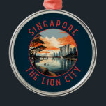 Singapore Retro Distressed Circle Metal Ornament<br><div class="desc">Singapore retro vector travel design. Marina Bay is an upscale area of skyscrapers,  posh hotels and luxury malls. It's known for the towering Singapore Flyer Ferris wheel and the flower conservatories and colourful Supertrees of Gardens by the Bay.</div>