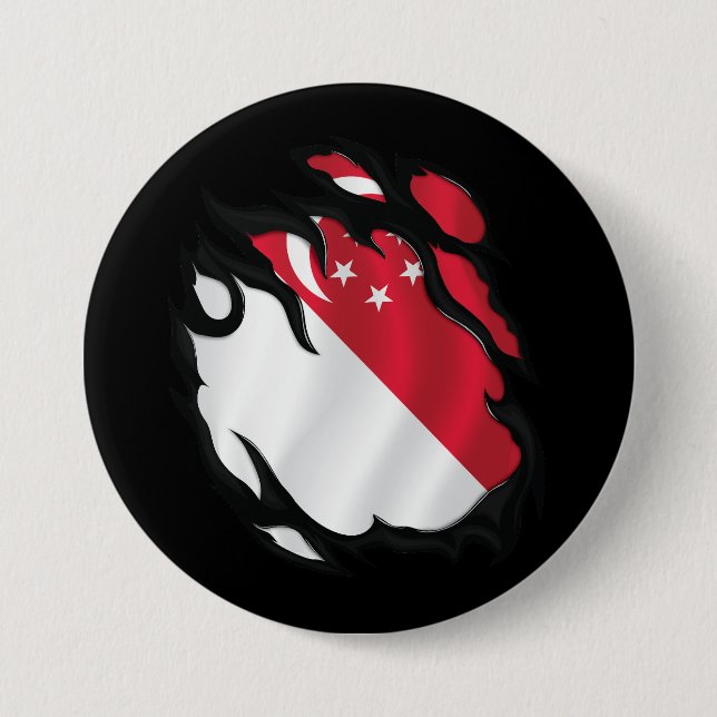 Singapore Ripped Flag 3 Inch Round Button (Front)