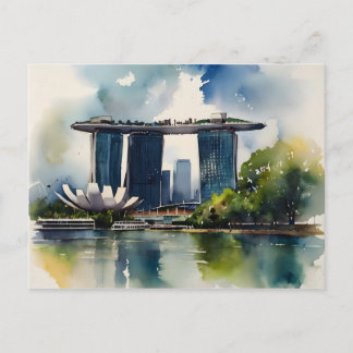Singapore watercolor art postcard