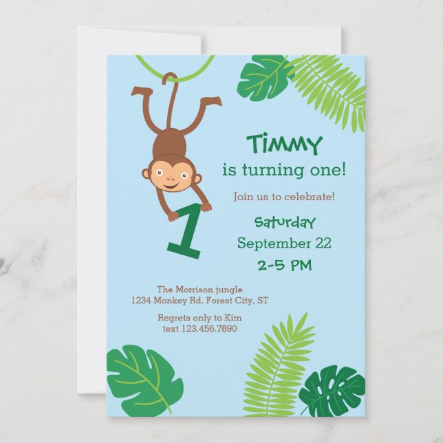 Singe dans la Jungle Première Invitation d'anniver (Devant)