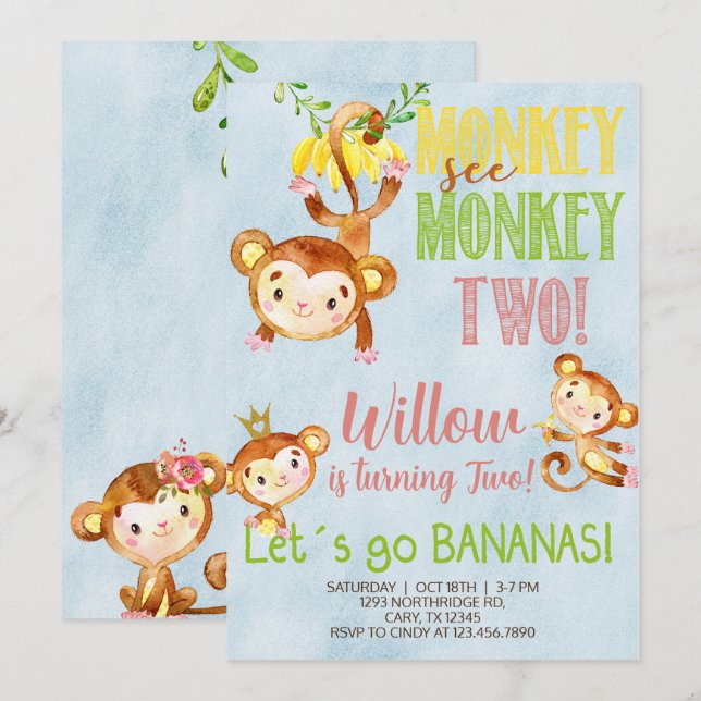 Singe voir singe deux filles invitation anniversai (Devant / Derrière)