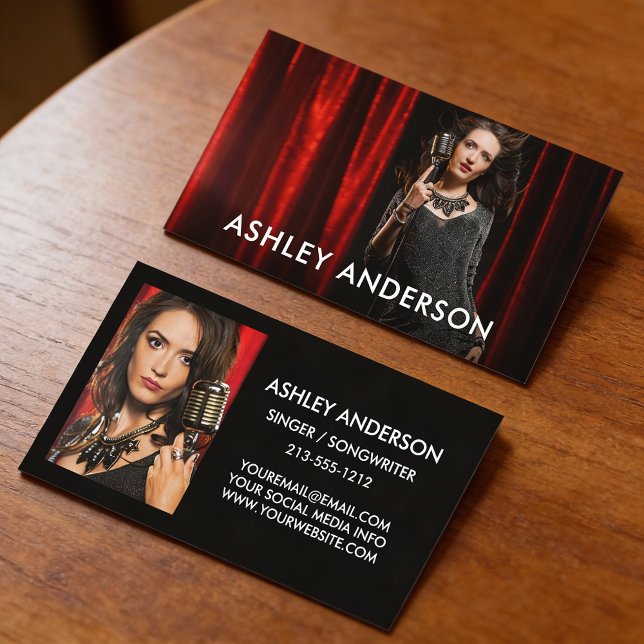 Singer Musician 2 Photo Promo Business Card (Customize to change background color of back of card, text size or text style.)