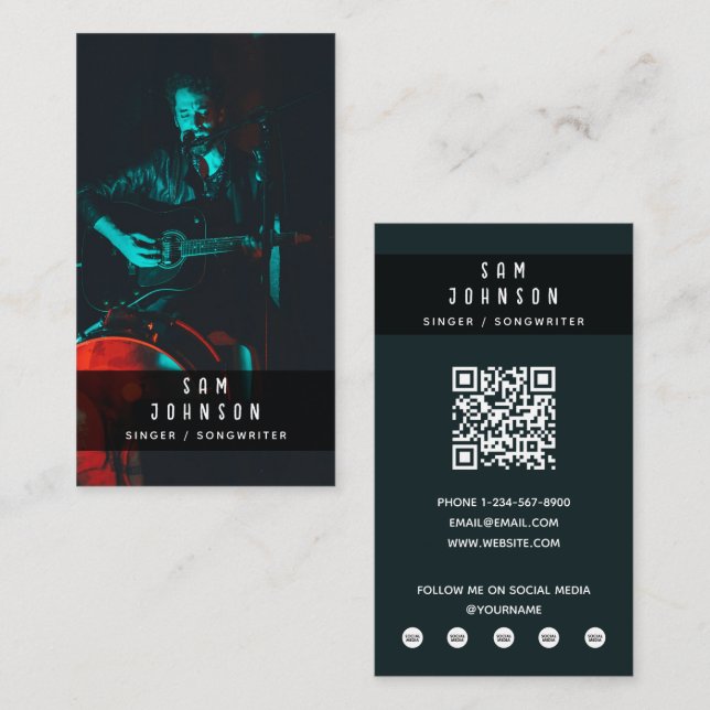Singer Musician Photo Black & White Modern Music Business Card (Front/Back)