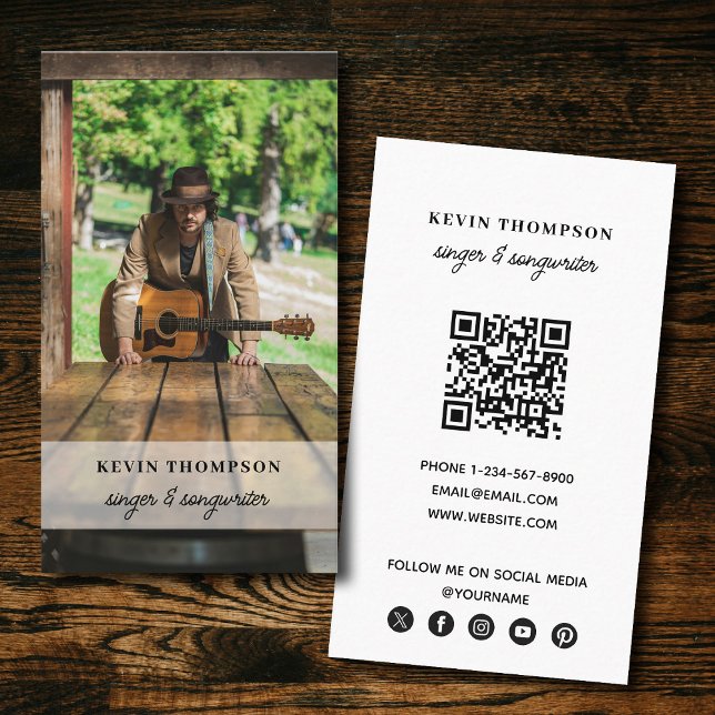Singer Musician Photo Social Media QR Code Script Business Card (Singer Musician Photo Social Media QR Code Script Business Card)