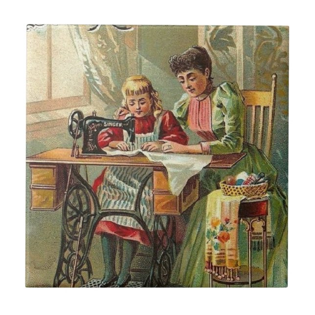 Singer Sewing Machine "The First Lesson" Vintage Tile (Front)