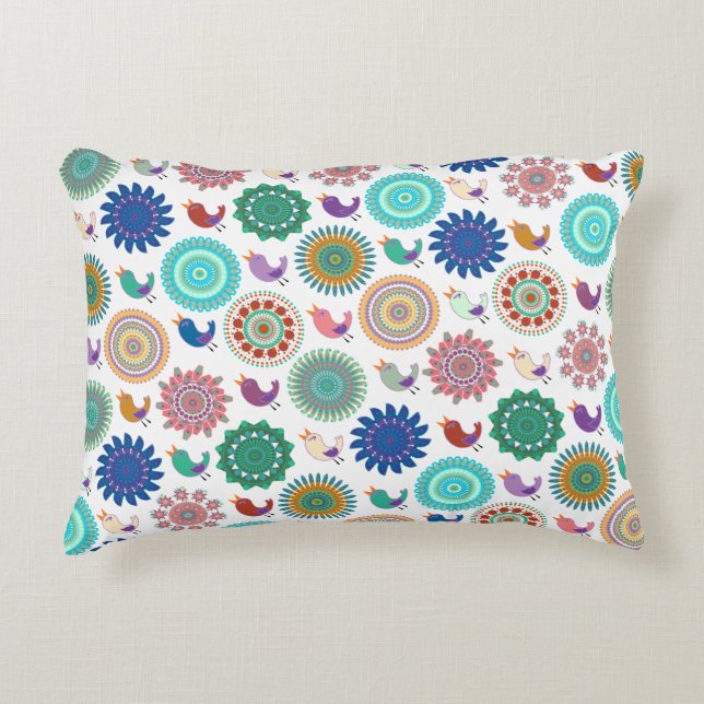 Singing Bird and Mandala Cute Folk Art Pattern Accent Pillow (Front)