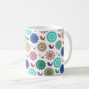 Singing Bird and Mandala Cute Folk Art Pattern Coffee Mug