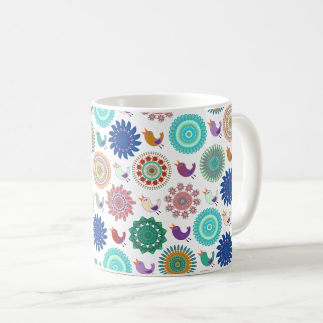 Singing Bird and Mandala Cute Folk Art Pattern Coffee Mug (Front Right)