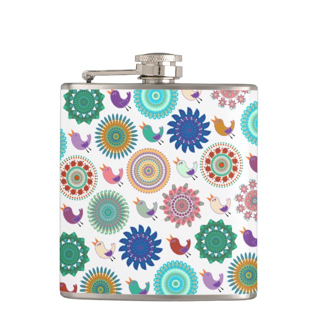 Singing Bird and Mandala Cute Folk Art Pattern Hip Flask (Front)