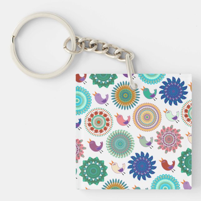 Singing Bird and Mandala Cute Folk Art Pattern  Keychain (Front)