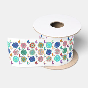 Singing Bird and Mandala Cute Folk Art Pattern Satin Ribbon