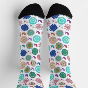 Singing Bird and Mandala Cute Folk Art Pattern Socks