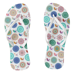 Singing Bird and Mandala Folk Art Cute Pattern Flip Flops