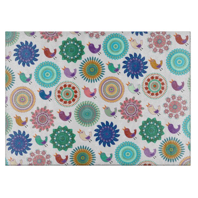 Singing Bird and Mandala Folk Art Pattern Cutting Board (Front)