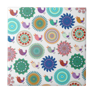 Singing Bird and Mandala Folk Art Pattern Tile