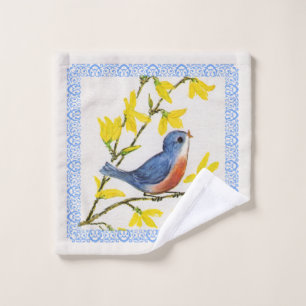 Singing Blue Red Bird Yellow Flowers Blue Border Wash Cloth