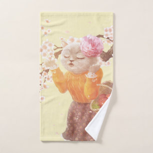 Singing Cat with Flower Basket Hand Towel