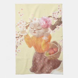 Singing Cat with Flower Basket Kitchen Towel