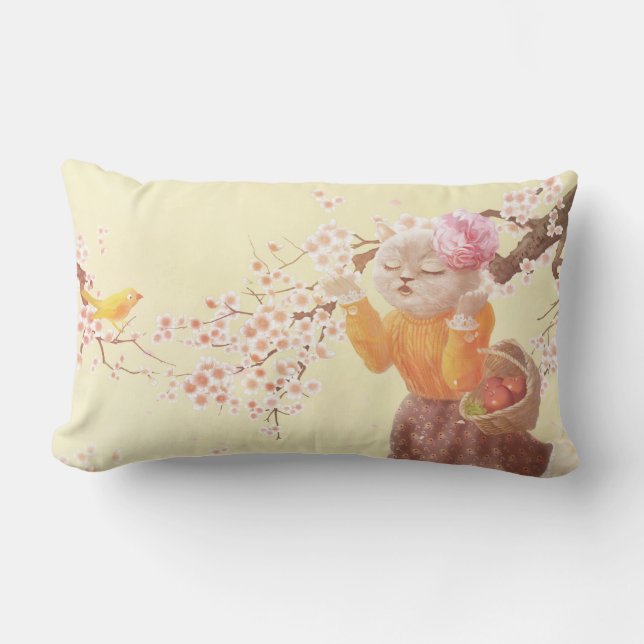 Singing Cat with Flower Basket Lumbar Pillow (Front)