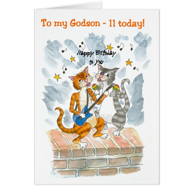 Singing Cats 11th Fun Birthday Card for a Godson (Front)