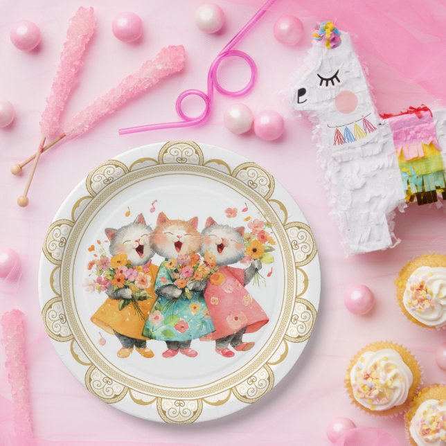 Singing Cats Holding Bouquets Paper Plate (Party)