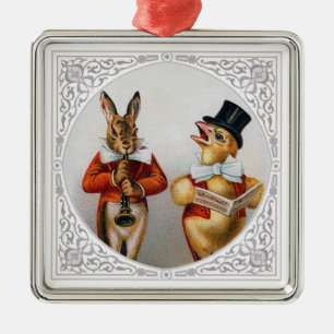 Singing Chicken and Horn-Blowing Bunny Metal Ornament