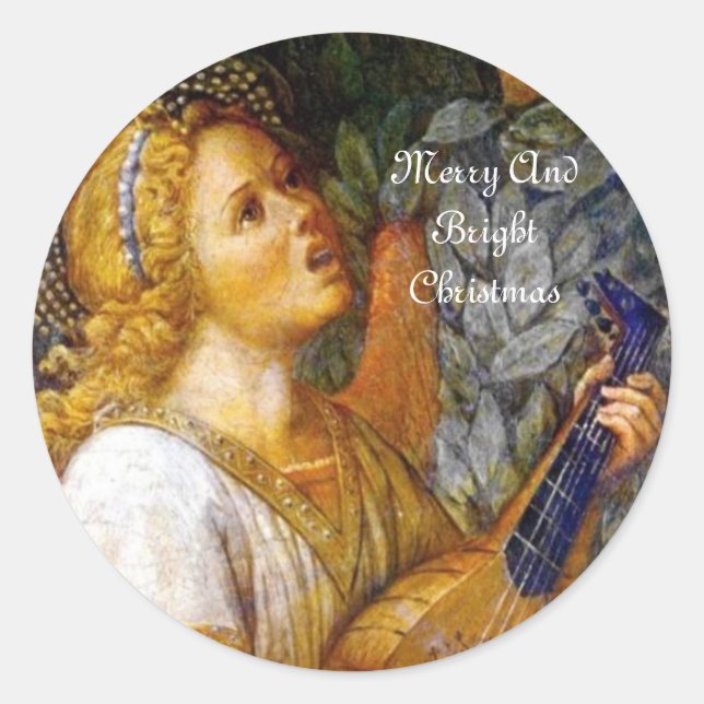 SINGING CHRISTMAS ANGEL MAKING MUSIC CLASSIC ROUND STICKER (Front)