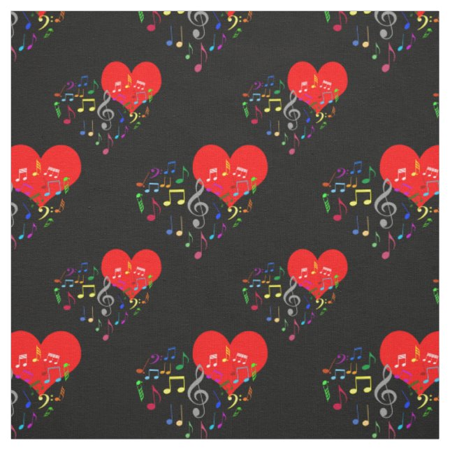 Singing Heart Pattern. Colour Notes, Black Backdro Fabric (Swatch)