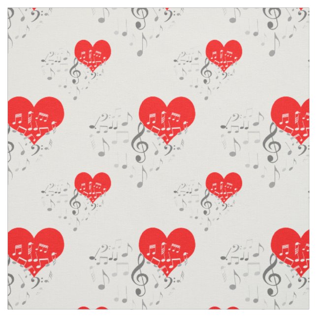 Singing Heart Pattern. Red Hearts, Grey Notes Fabric (Swatch)