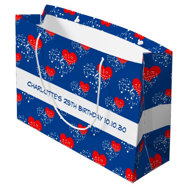 Singing Heart Pattern. Red Hearts, White Notes Large Gift Bag (Back Angled)