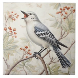 Singing Northern Mockingbird, Grey and White Tile