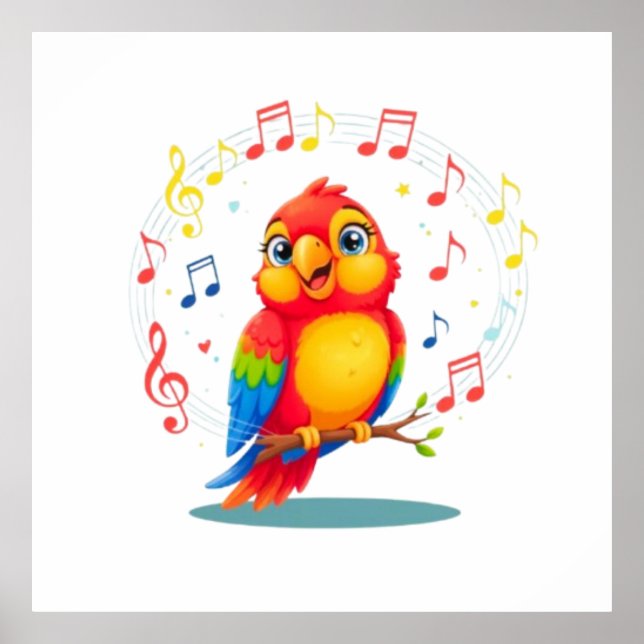 **Singing Parrot – Cute Parrot Singing Illustratio Poster (Front)