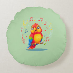 **Singing Parrot – Cute Parrot Singing Illustratio Round Pillow